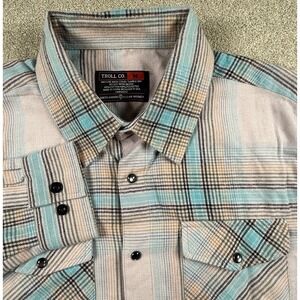 Troll Co Flannel Shirt Mens Medium Gray Red Plaid Long Sleeve Pearl Snap